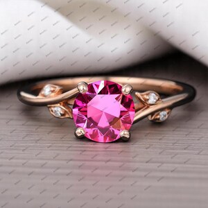 Natural Pink Tourmaline Engagement Ring Round Pink Tourmaline Ring Leaf Promise Ring October Birthstone Ring Anniversary Gift For Her