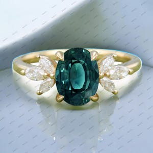 Oval Teal Sapphire Engagement Ring with Cluster Marquise Diamond, 14k Gold Wedding Ring Blue Green Sapphire Ring Elegant Ring Fine Jewelry