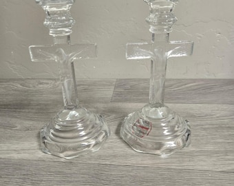 Crucifix Candle Holder Clear Class Pair Religious Frosted Gothic Catholic Cross