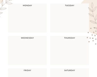 Op de afbeelding: Een weekplanner met een minimalistisch ontwerp. Bovenaan staat in een handgeschreven lettertype 'WEEKLY PLANNER'. De dagen van de week staan in afzonderlijke vakken. De achtergrond is wit met beige en grijze decoratieve elementen.