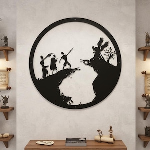 May include: A black metal wall art piece depicting a silhouette scene within a circular frame. The artwork features figures on a cliff, a tree, and a bridge. The piece is mounted on a light-colored wall, with decorative shelves and figurines on either side.