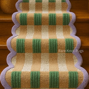 Handmade Wool Runner Rug: Modern Stripe with Scalloped Edge For Home