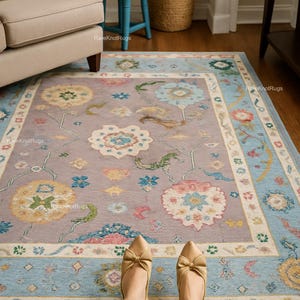 Vintage-Inspired Handknotted Turkish Oushak Wool Rug: Soft Pastel Florals | Custom Gifts