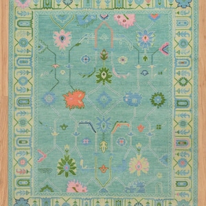 Handmade Turquoise Oushak Rug: Turkish Knot Wool, Floral Design