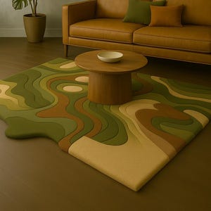 Hand Tufted Wavy Sage Green Brown and Beige Boho Area Rugs for Living Room, Abstract Earth Tone Tufted Carpet for Boho & Modern Spaces