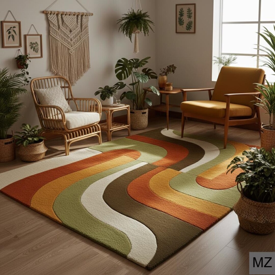Retro Wavy Tufted Rug | Mid Century Modern Area Rug | Boho 70s Style ...