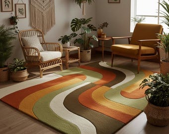 May include: A retro-style area rug with a wavy pattern in shades of green, orange, brown, and cream. The rug is rectangular and adds a pop of color to the room. The rug is a statement piece for any living space.