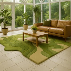 Modern Nature-Inspired Wavy Carpet for Boho Homes | Green Abstract Area Rug for Living Room | Unique 3D Tufted Floor Decor Eco Style Homes