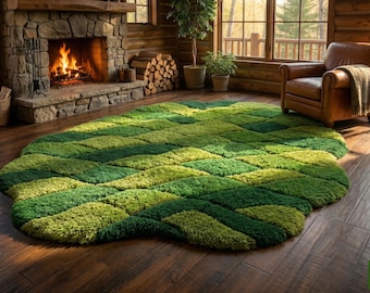 Hand-Tufted Green Moss Rug - Irregular Wool Area Carpet for Living Room, Bedroom & Nursery