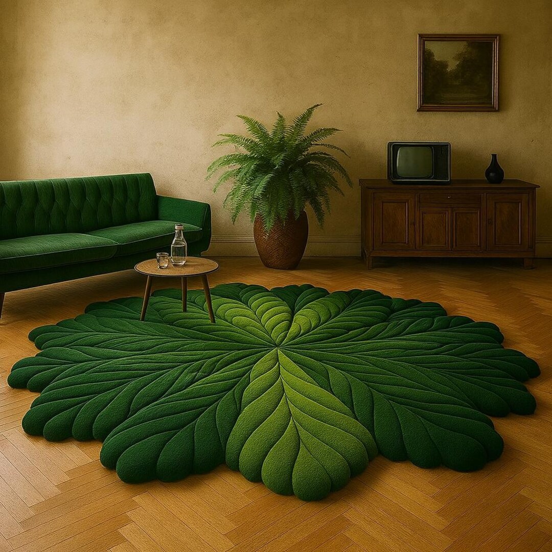 Large Leaf Shaped Green Rug - Botanical Carpet for Living Room - Nature ...