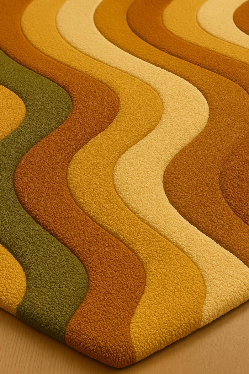 May include: A retro-style rug with a wavy pattern in shades of green, gold, and brown. The rug has a textured, plush surface, and the design creates a sense of movement and visual interest. The rug's colors evoke a warm, earthy aesthetic.