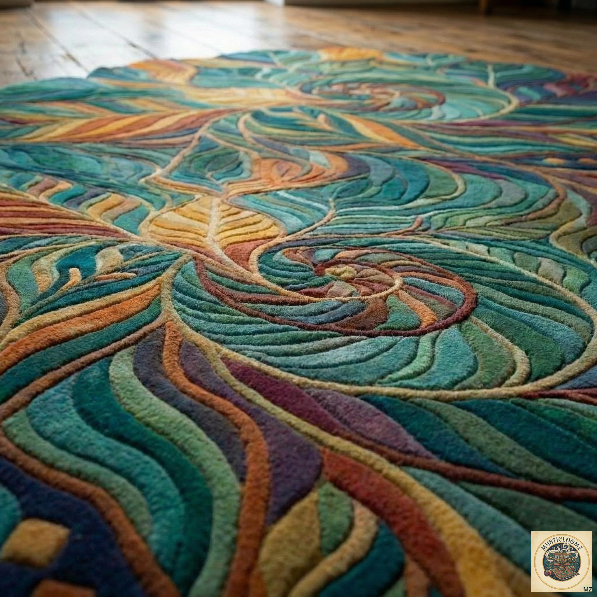 Hand-tufted Wool Round Rug | Colorful Spiral Leaf, Boho Carpet - Etsy