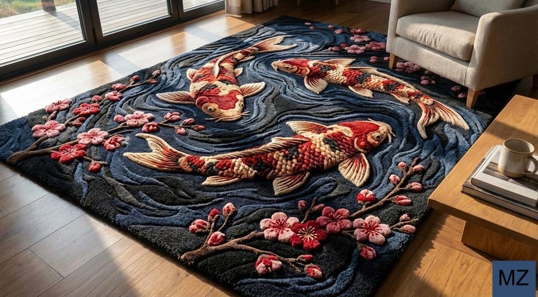 Sword Fish Rug Hand Tufted Wool Koi Fish Rug | Japanese Floral Art - Etsy