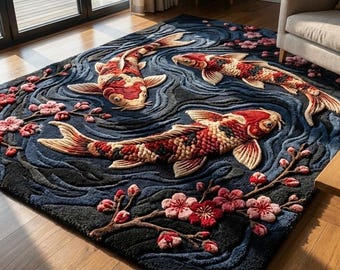 Hand Tufted Wool Koi Fish Rug | Japanese Floral Art
