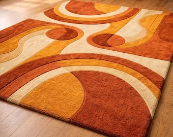 Mid-Century Modern Area Rug | Retro Abstract Geometric 70s Boho Carpet | Burnt Orange Mustard Accent