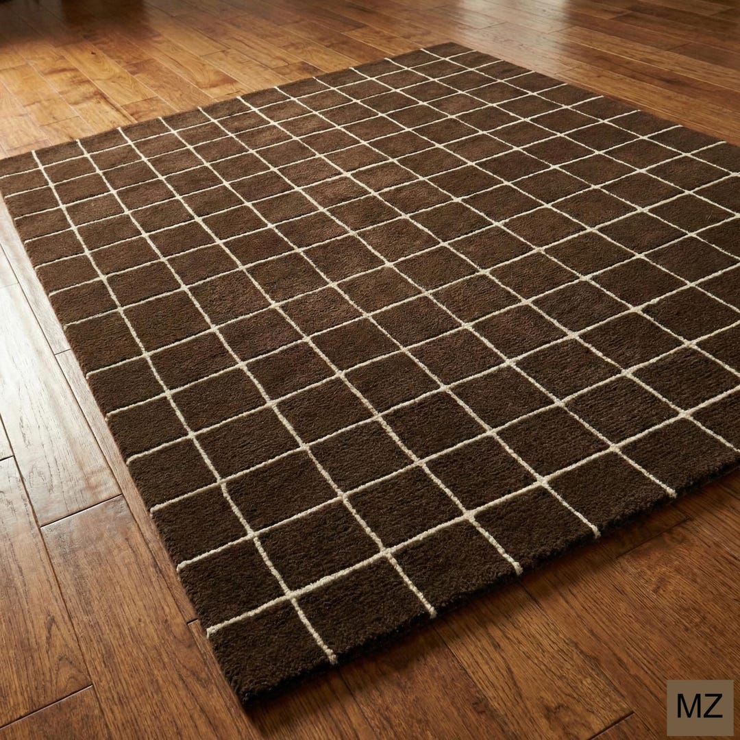 Hand-tufted Wool Rug in Chocolate Brown Windowpane Grid – Mid-century ...