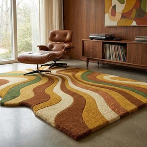 Mid Century Modern Abstract Rug | Plush Earth Tone Carpet | Boho Living Room Decor image 1