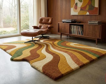 Dywan abstrakcyjny w stylu Mid Century Modern | Miękki dywan w odcieniach ziemi | Wystrój salonu w stylu boho