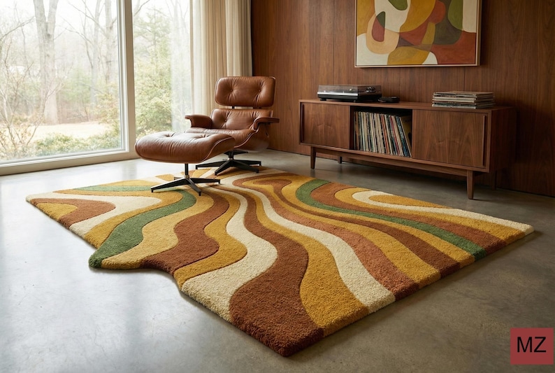 Mid Century Modern Abstract Rug | Plush Earth Tone Carpet | Boho Living Room Decor image 1