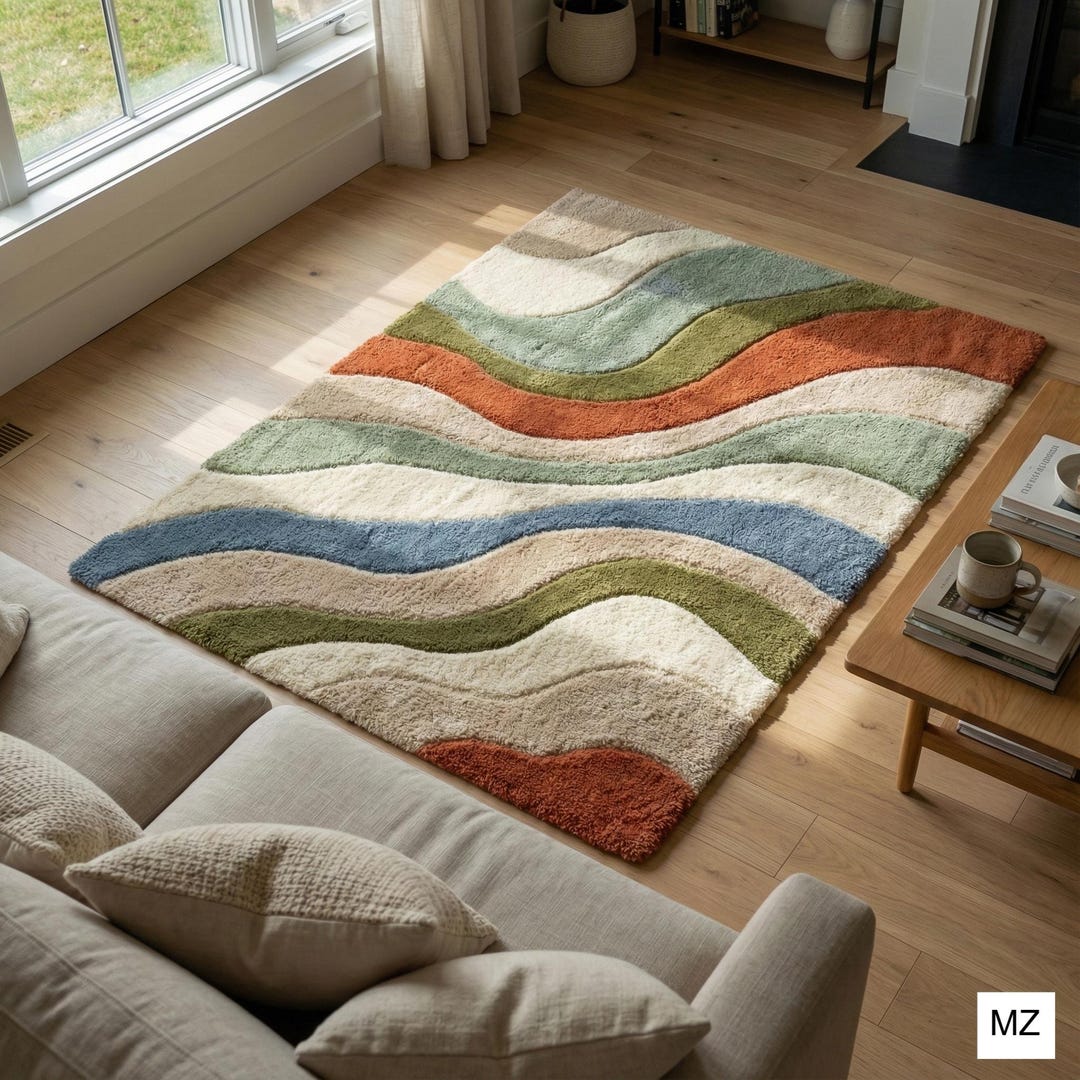 Hand Tufted Abstract Wavy Rug | Modern Multicolor Area Rug | Retro Wave ...