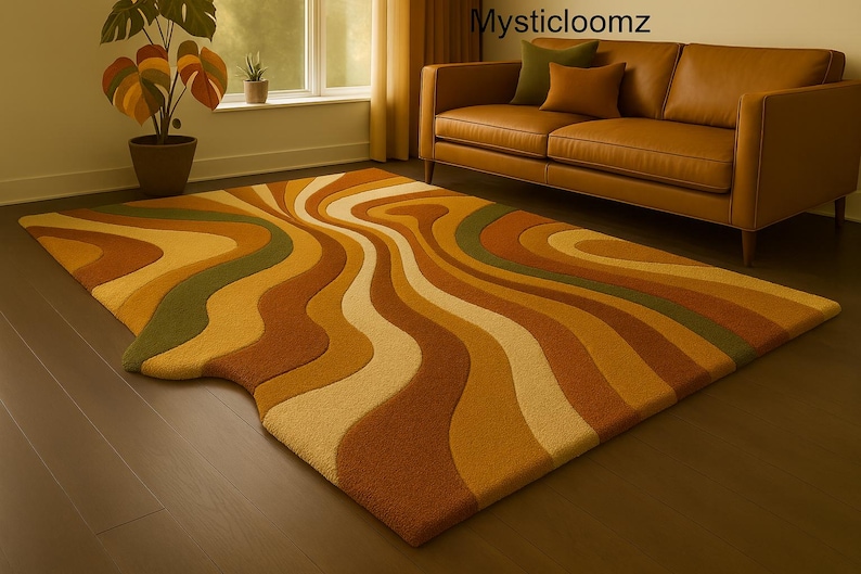 retro rug, 60’s retro style area rugs, abstract earth tones rug, 1970's style rug
