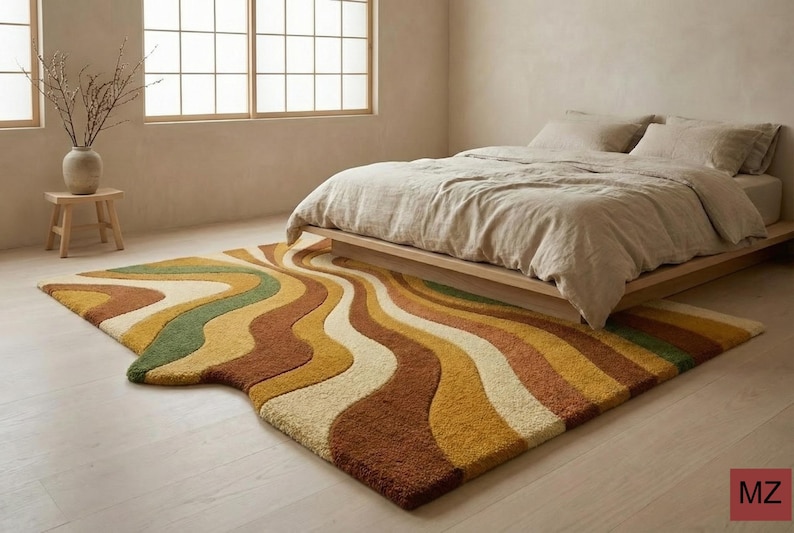 Mid Century Modern Abstract Rug | Plush Earth Tone Carpet | Boho Living Room Decor image 8