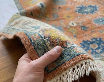 Hand Knotted Oushak Rug, Muted Terracotta & Blue Turkish Rug, Modern Oushak Area Rug, Vintage Style Wool Carpet for Living Room Bedroom