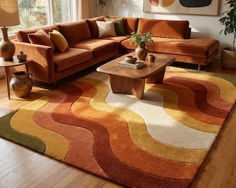 Hand-Tufted Wool Wavy Area Rug | Retro Burnt Orange Boho Living Room Carpet
