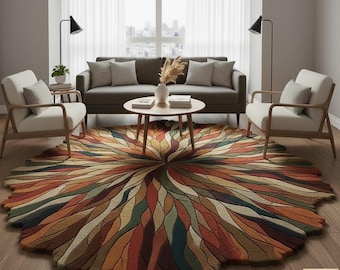 Custom Colorful Abstract Swirl Wool Rug - Round Tufted Carpet for Contemporary Bedroom Decor