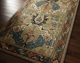 Vintage Hand-Knotted Oushak Rug | Green & Blue 8x10 Distressed Turkish Carpet | Traditional Home Decor