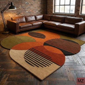 Ręcznie robiony dywan wełniany z kępkami – retro geometryczne koła, styl mid-century modern