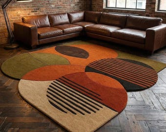 Handmade Tufted Wool Rug – Retro Geometric Circles, Mid-Century Modern