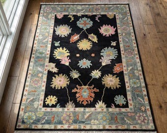 Black Oushak Rug – Handmade Turkish Wool Floral Carpet, Vintage Boho Decor
