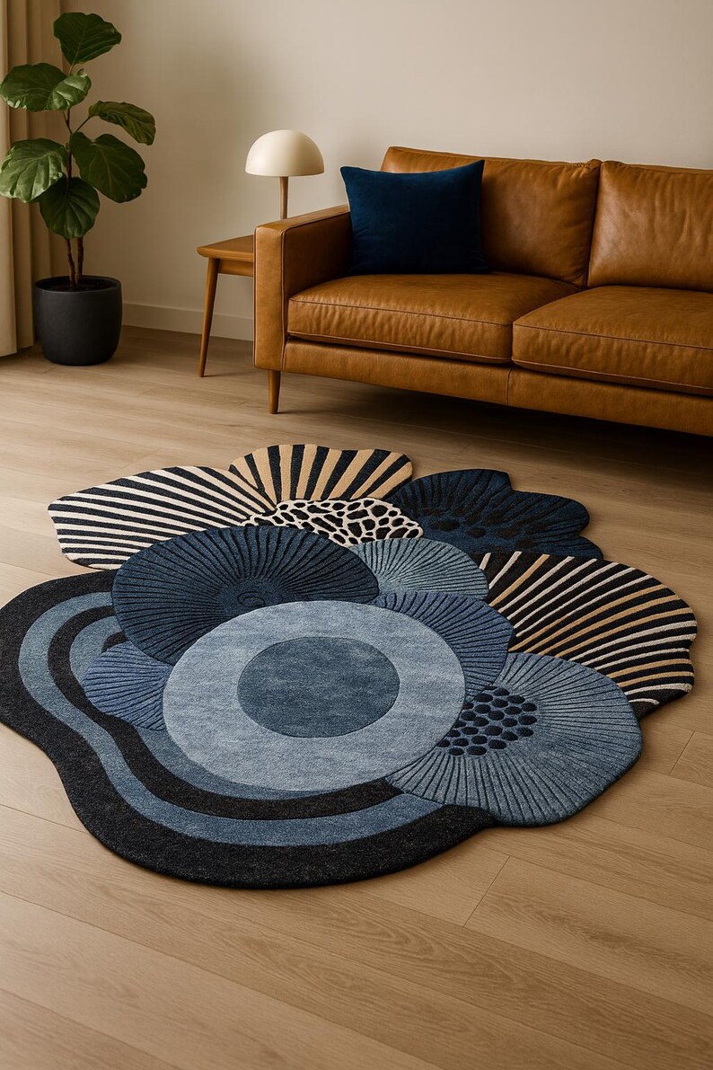 Modern Blue Art Carpet - Unique Floral Hand Tufted Rug - Statement ...