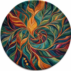 May include: A round rug with a colorful, abstract design. The rug features a central spiral with leaf-like patterns in shades of teal, green, orange, yellow, and red. The design is intricate and detailed, creating a visually appealing piece.