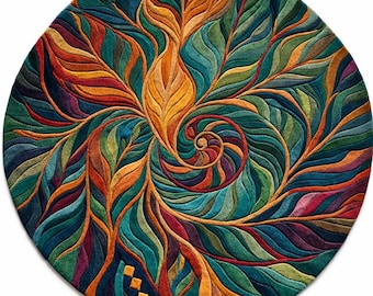 Hand-Tufted Wool Round Rug | Colorful Spiral Leaf, Boho Carpet