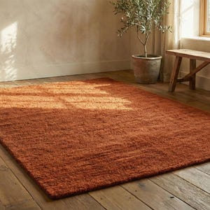 May include: A rectangular, rust-colored rug with a textured surface lies on a wooden floor. The rug is the focal point of the room, with a bench and potted plant in the background. The room has a warm, inviting atmosphere.