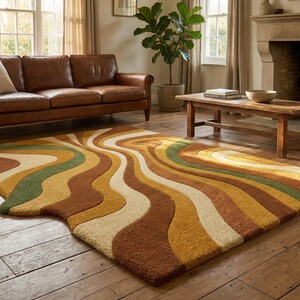 Mid Century Modern Abstract Rug | Plush Earth Tone Carpet | Boho Living Room Decor image 4