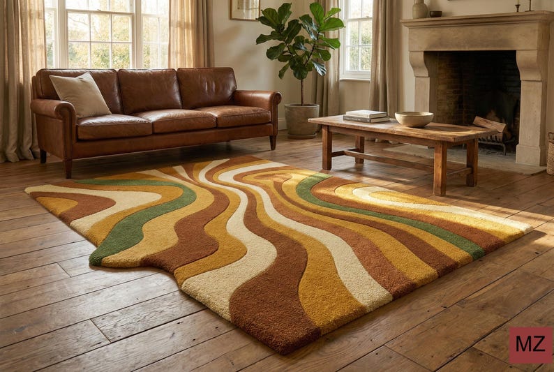 Mid Century Modern Abstract Rug | Plush Earth Tone Carpet | Boho Living Room Decor image 4