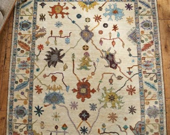 Vintage Floral Turkish Oushak Rug - Hand Knotted Wool Area Carpet for Living Rooms