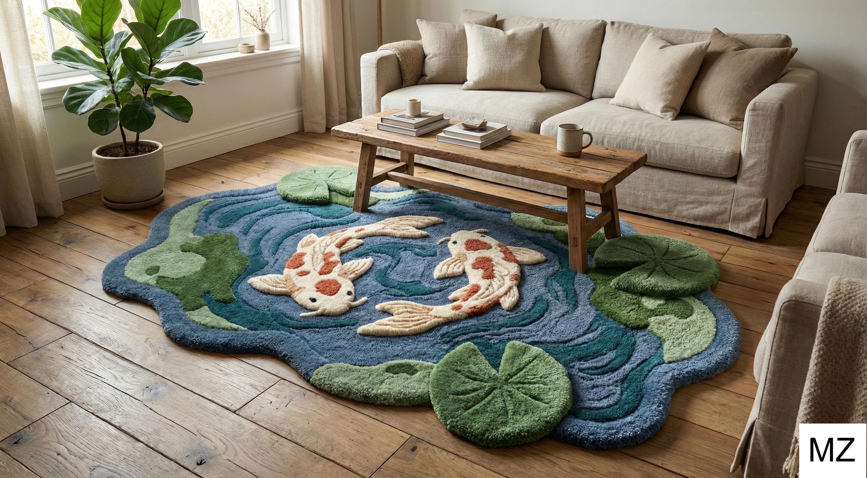 Pond Rug Abstract Hand Tufted Koi Fish Rug | 3D Textured Wool | Unique Lily Pad Pond ...