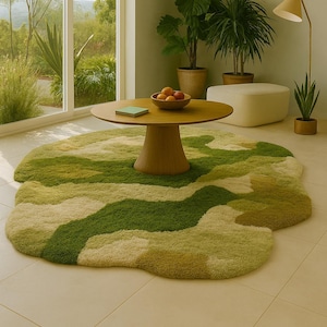 Wavy Green Abstract Rug - Custom Organic Shape Carpet for Boho Living Room- Modern Moss Rug Custom Size Area Rugs