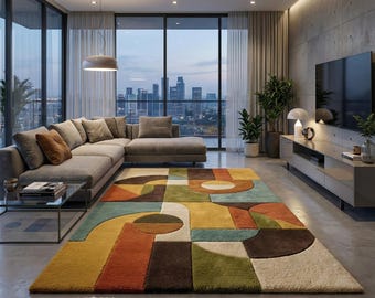 Alfombra de lana tejida a mano / Alfombra geométrica retro de los años 70 / Decoración moderna de mediados de siglo en color mostaza y verde azulado
