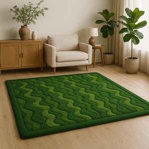 Moss rug Grean Wavy pattern Nature Inspired rug, Modern Botanical Textured Carpet for Living Room, Bedroom or Office Decor