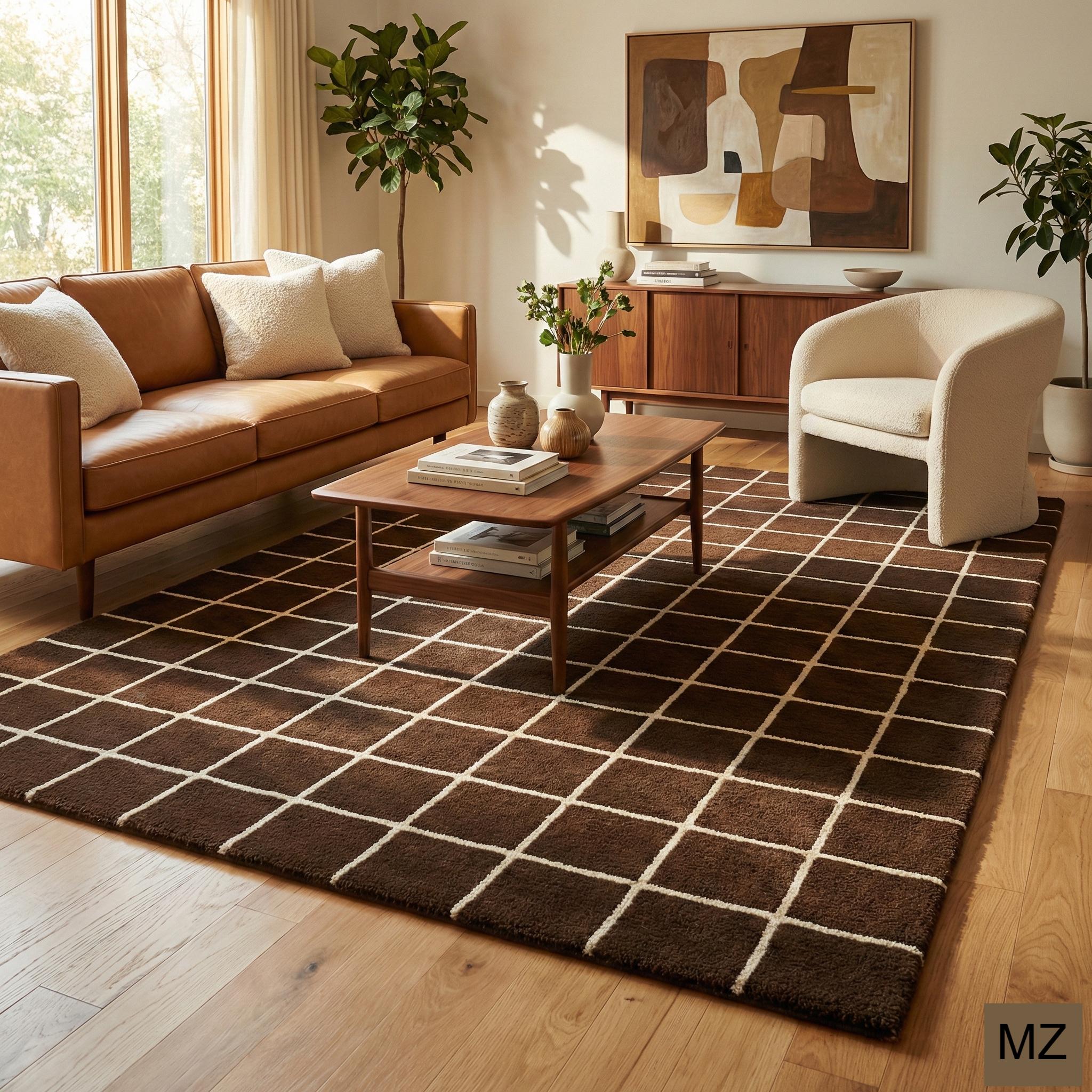 Hand-tufted Wool Rug in Chocolate Brown Windowpane Grid – Mid-century ...