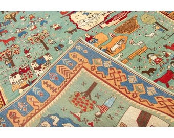 Hand-Knotted Wool Village Scene Rug – Persian Gabbeh Style, Farmhouse Decor