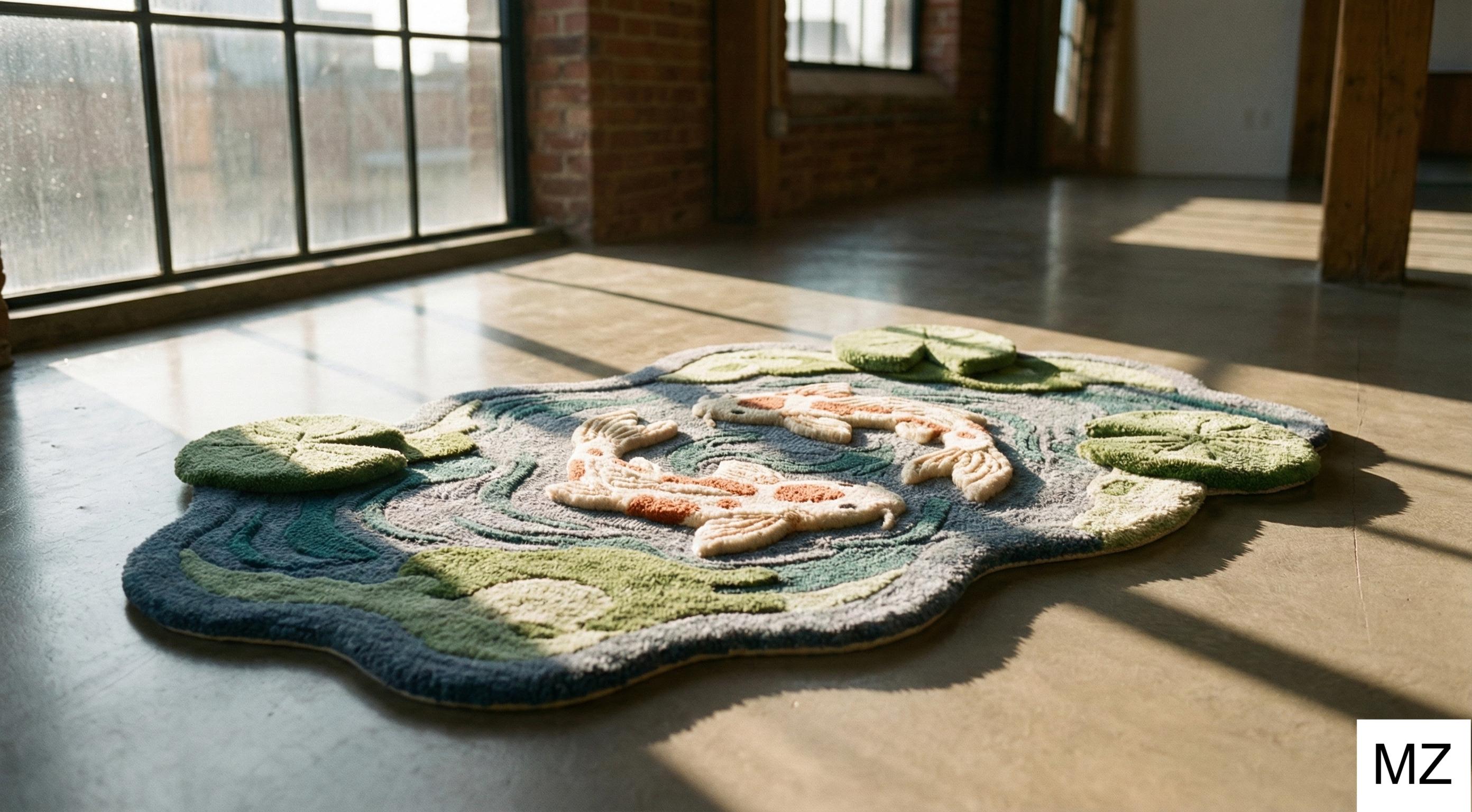Pond Rug Abstract Hand Tufted Koi Fish Rug | 3D Textured Wool | Unique Lily Pad Pond ...
