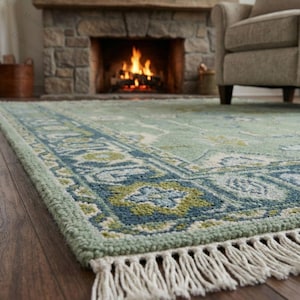 May include: A rectangular area rug with a light green and blue floral pattern. The rug has a fringe on the bottom edge and is placed on a wooden floor. A fireplace with a lit fire is in the background.