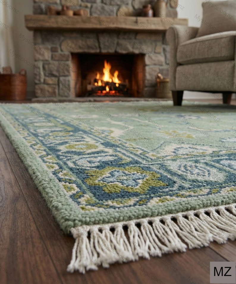 May include: A rectangular area rug with a light green and blue floral pattern. The rug has a fringe on the bottom edge and is placed on a wooden floor. A fireplace with a lit fire is in the background.