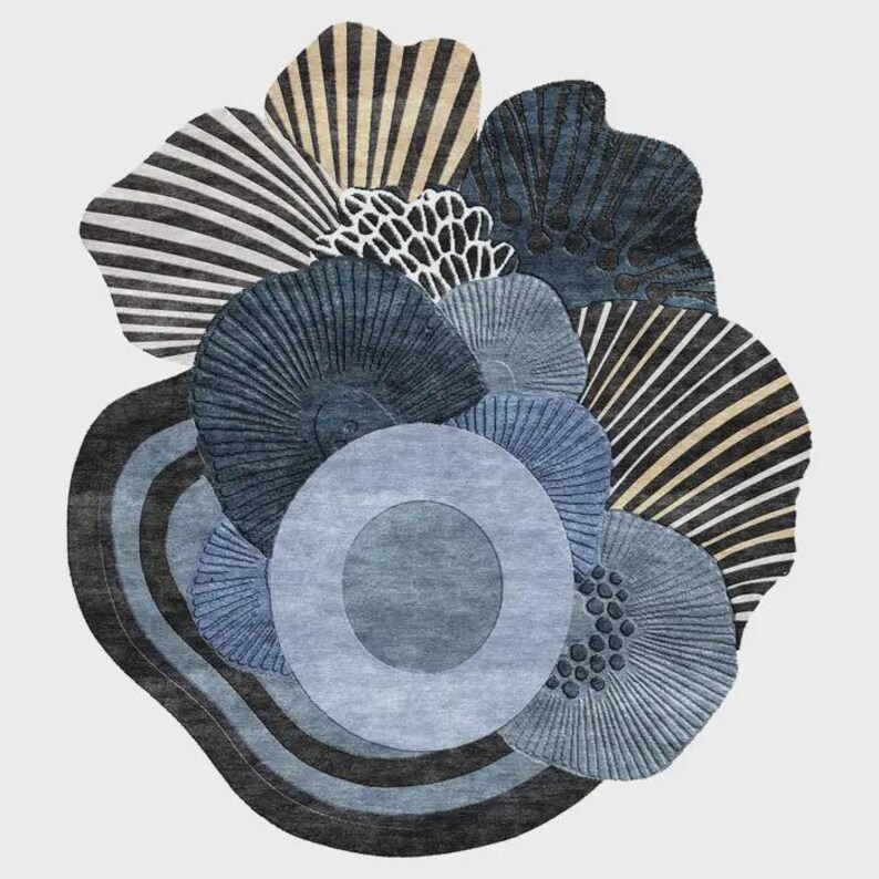 Modern Blue Art Carpet - Unique Floral Hand Tufted Rug - Statement ...